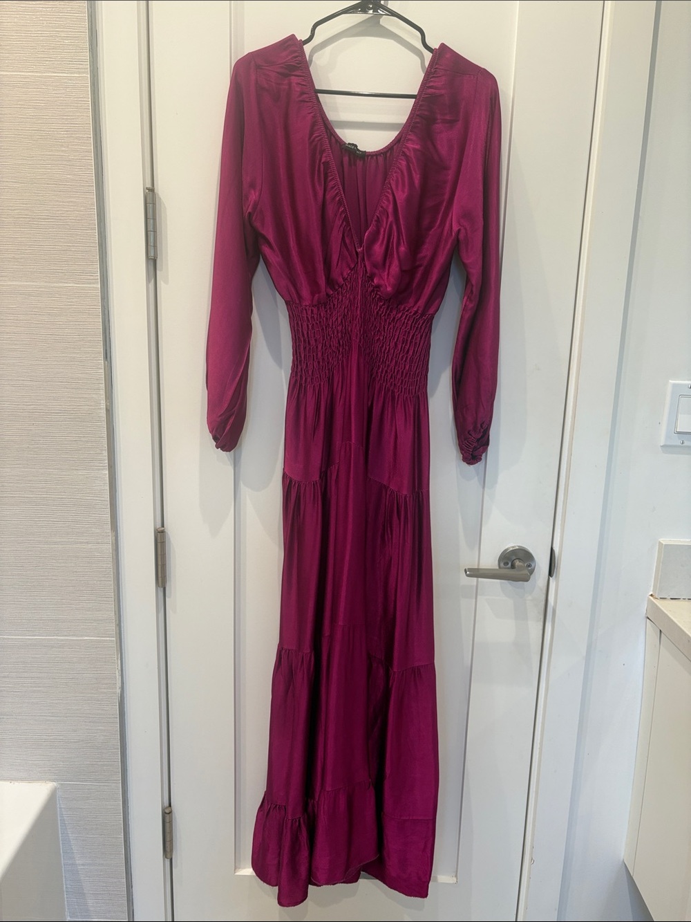 Long Sleeve Maxi Dress in Deep Fuchsia with Smocked Waist